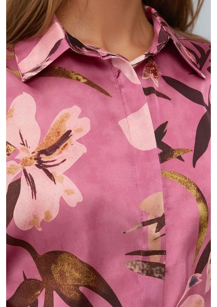Kadın Saten Çiçek Desenli Uzun Kollu Gömlek Purple