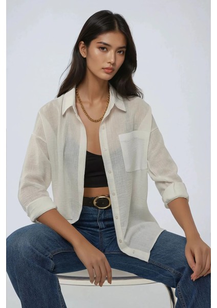Kadın Keten Görünümlü Regular Fit Gömlek White