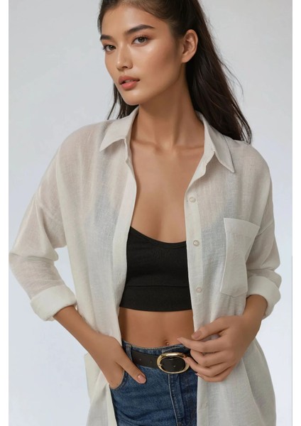 Kadın Keten Görünümlü Regular Fit Gömlek White