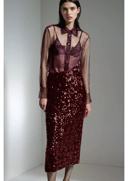 Kadın Yırtmaçlı Payetli Midi Etek Red