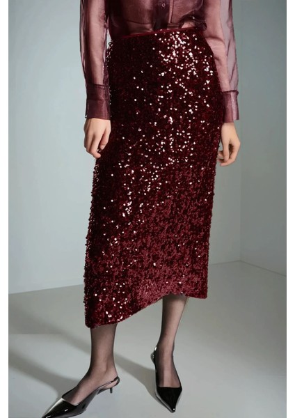 Kadın Yırtmaçlı Payetli Midi Etek Red