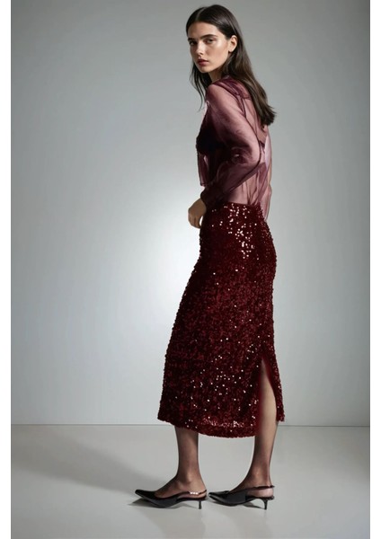 Kadın Yırtmaçlı Payetli Midi Etek Red