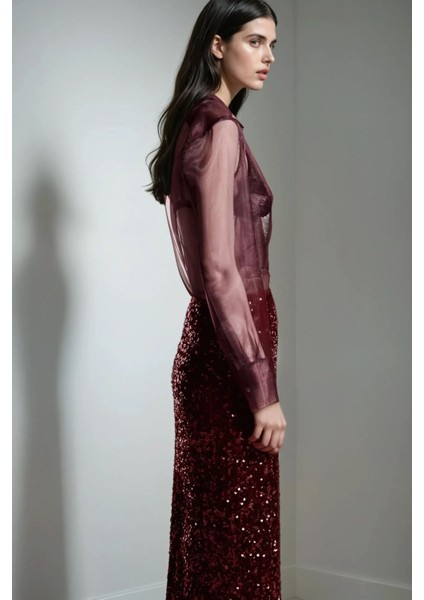 Kadın Yırtmaçlı Payetli Midi Etek Red