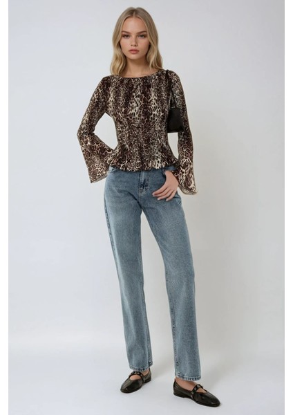 Kadın Leopar Desenli Kayık Yaka Gipeli Bluz Çok Renkli