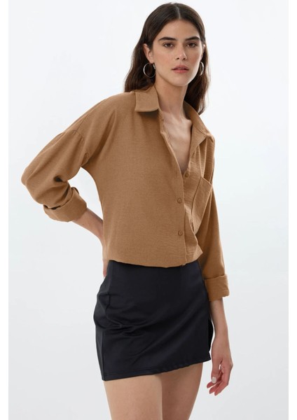 Kadın Keten Görünümlü Regular Fit Gömlek Natural