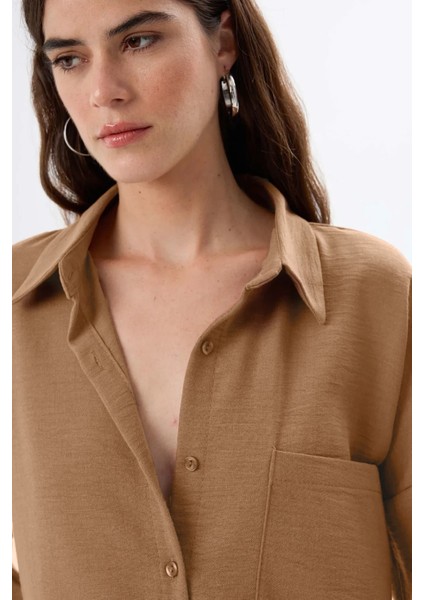 Kadın Keten Görünümlü Regular Fit Gömlek Natural