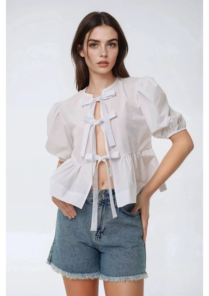 Kadın Önü Fiyonklu Pamuklu Bluz White