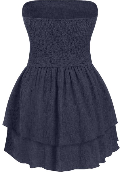 Kadın Straplez Fırfırlı Arkası Gipeli Mini Elbise Lacivert