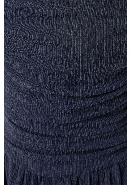 Kadın Straplez Fırfırlı Arkası Gipeli Mini Elbise Lacivert