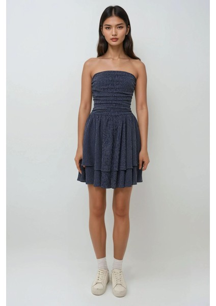 Kadın Straplez Fırfırlı Arkası Gipeli Mini Elbise Lacivert