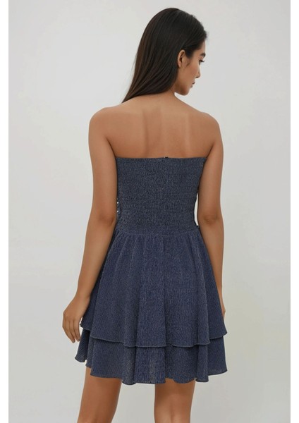 Kadın Straplez Fırfırlı Arkası Gipeli Mini Elbise Lacivert