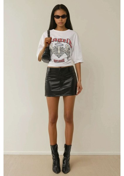 Kadın Suni Deri Düşük Bel Mini Etek Siyah