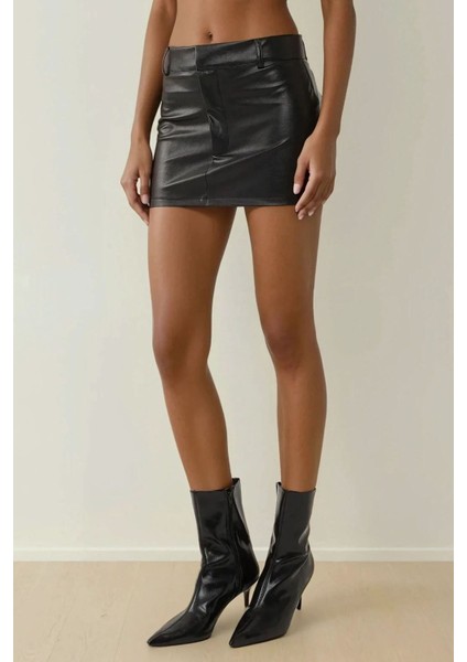 Kadın Suni Deri Düşük Bel Mini Etek Siyah
