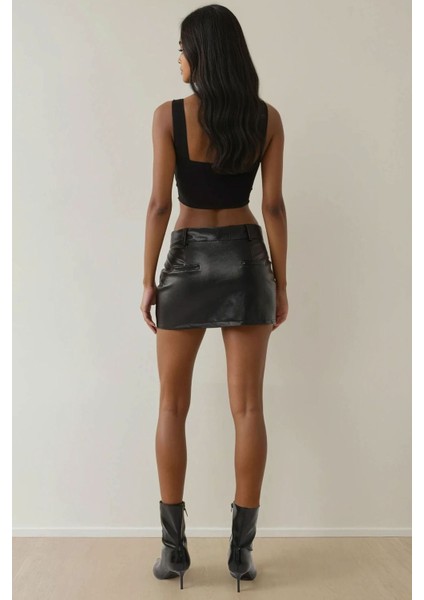 Kadın Suni Deri Düşük Bel Mini Etek Siyah