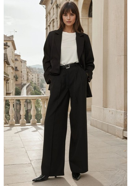 Kadın Wide Leg Pileli Pantolon Black