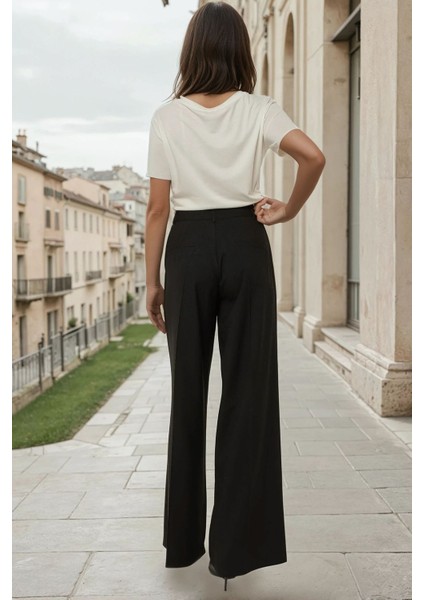 Kadın Wide Leg Pileli Pantolon Black