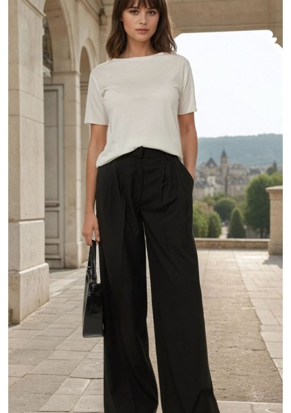 Kadın Wide Leg Pileli Pantolon Black