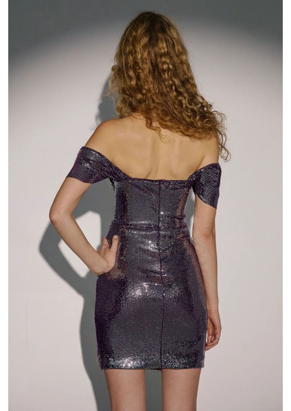 Kadın Degaje Yaka Payetli Bodycon Mini Elbise Maya Mavisi