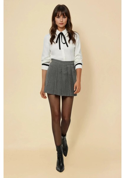 Kadın Pileli Mini Etek Grey