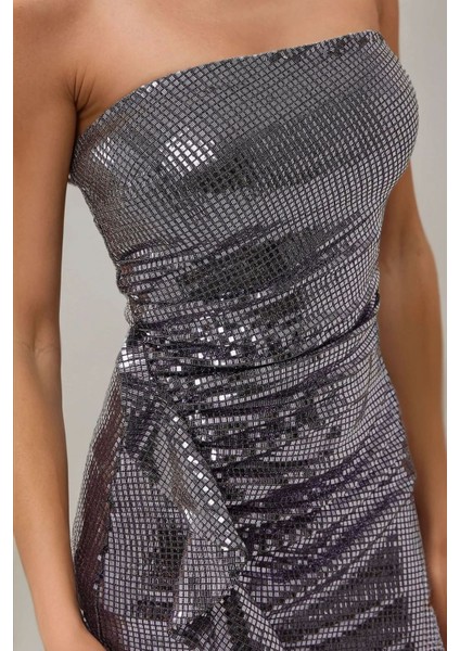 Kadın Drape Detaylı Payetli Straplez Mini Elbise Purple