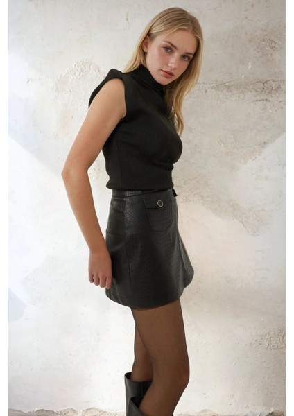 Kadın Cep Detaylı Mini Crocodile Desenli Deri Etek Black