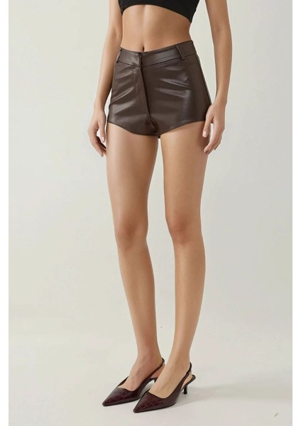 Kadın Suni Deri Hot Şort Brown