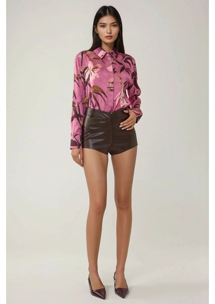 Kadın Suni Deri Hot Şort Brown