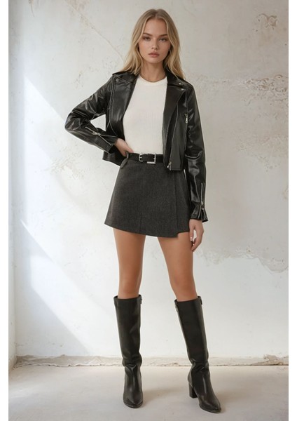 Kadın Yüksek Bel Dokuma Mini Şort Etek Grey