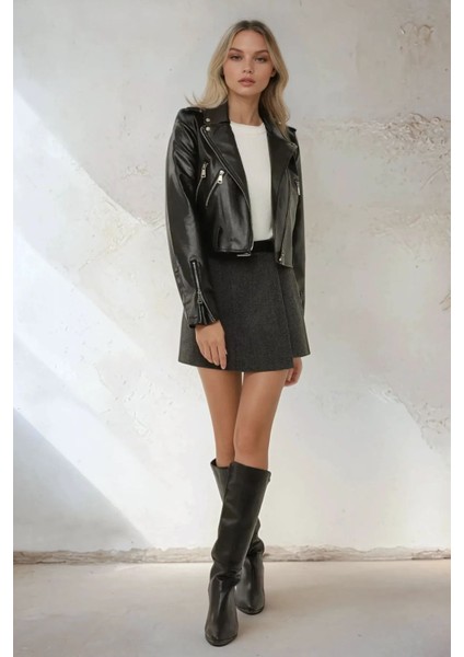 Kadın Yüksek Bel Dokuma Mini Şort Etek Grey