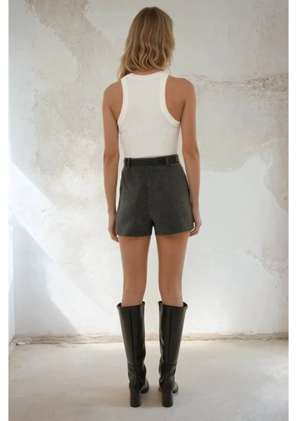 Kadın Yüksek Bel Dokuma Mini Şort Etek Grey