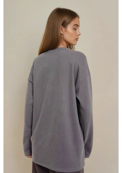 Kadın Bisiklet Yaka Uzun Kol Waffle Sweatshirt Grey