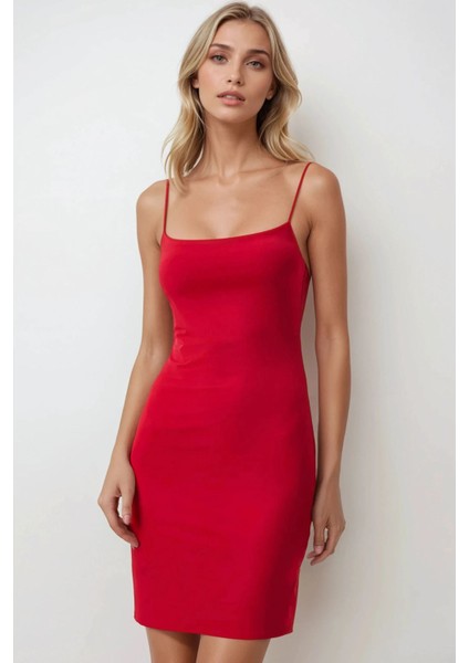 Kadın Kare Yaka Bodycon Mini Elbise Kırmızı