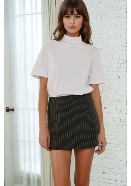 Kadın Çizgili Mini Etek Grey