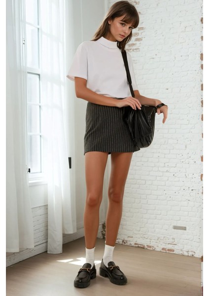 Kadın Çizgili Mini Etek Grey