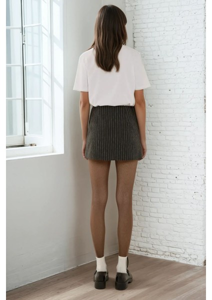 Kadın Çizgili Mini Etek Grey
