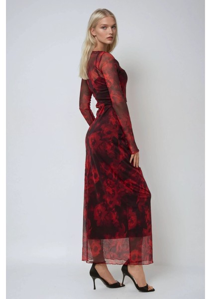Kadın Çiçek Desenli Bodycon Maxi Tül Elbise Red