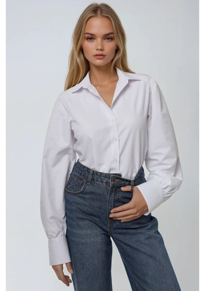Kadın Klasik Uzun Kollu Pamuklu Gömlek White