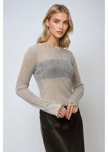 Kadın Simli Bisiklet Yaka Fitilli Bluz Gümüş Gri