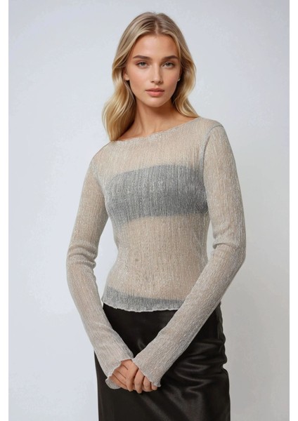 Kadın Simli Bisiklet Yaka Fitilli Bluz Gümüş Gri