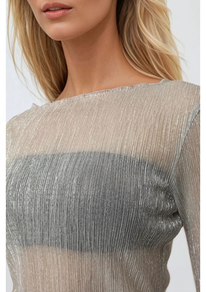 Kadın Simli Bisiklet Yaka Fitilli Bluz Gümüş Gri