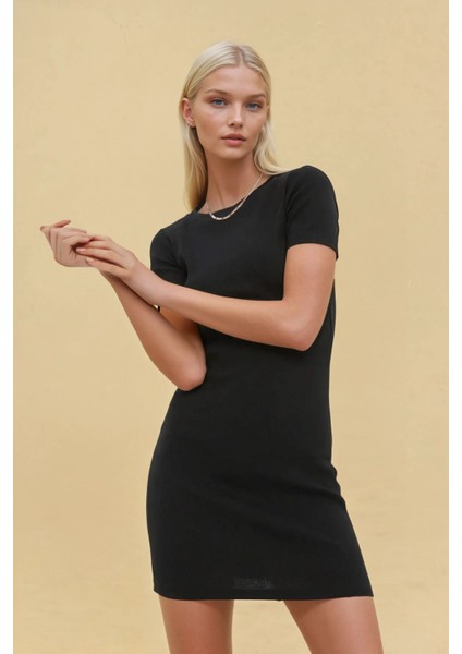Kadın Bisiklet Yaka Kısa Kol Mini Elbise Black