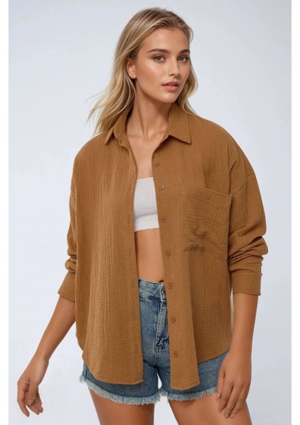 Kadın Oversize Cep Detaylı Pamuklu Gömlek Brown