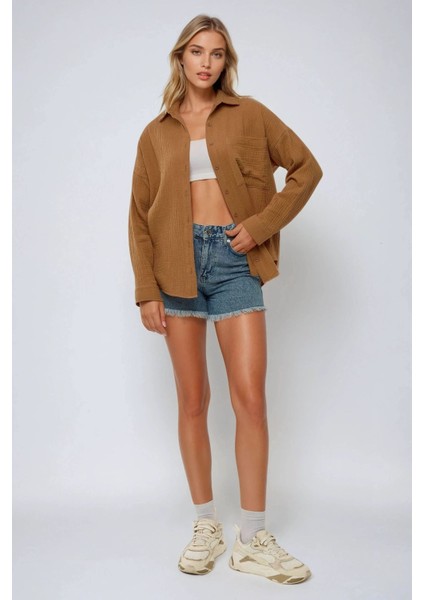 Kadın Oversize Cep Detaylı Pamuklu Gömlek Brown