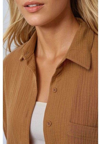 Kadın Oversize Cep Detaylı Pamuklu Gömlek Brown