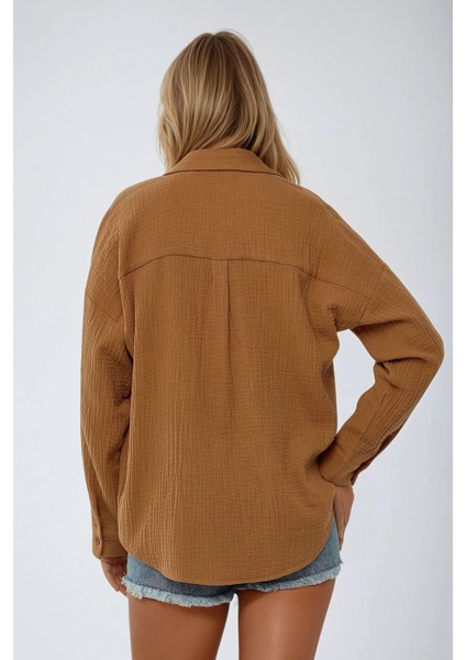 Kadın Oversize Cep Detaylı Pamuklu Gömlek Brown