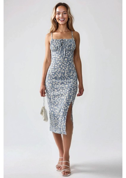 Kadın Yırtmaç Detaylı Çiçek Desenli Bodycon Midi Elbise Blue