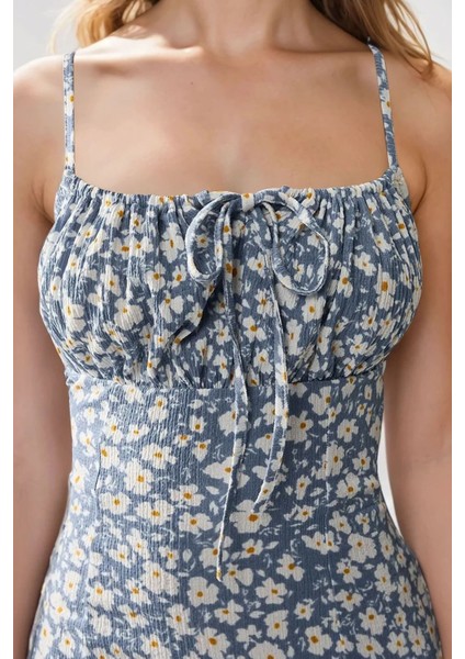 Kadın Yırtmaç Detaylı Çiçek Desenli Bodycon Midi Elbise Blue