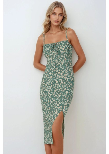 Kadın Yırtmaç Detaylı Çiçek Desenli Bodycon Midi Elbise Green