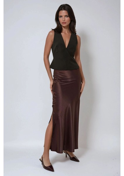 Kadın Yırtmaçlı Maxi Saten Etek Brown