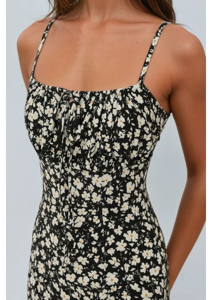 Kadın Yırtmaç Detaylı Çiçek Desenli Bodycon Midi Elbise Black